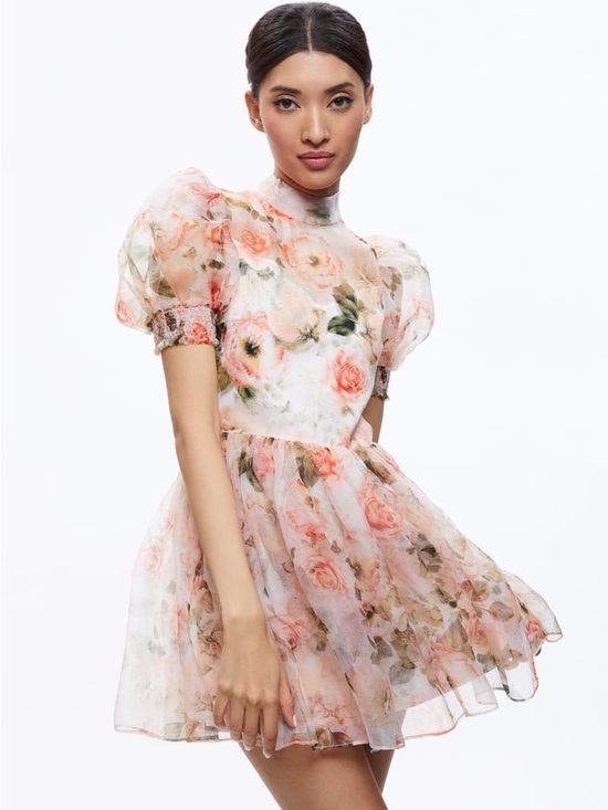 Alice + Olivia Dresses & Skirts - Alice + Olivia Peach Floral Puff-Sleeve Mini Dress